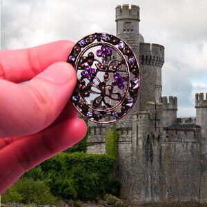 Vintage-Inspired Floral Filigree Brooch with Purple & Clear Stones